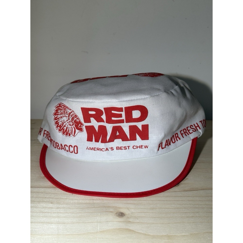 Vintage Red Man Chewing Tobacco Painters Hat Cap USA Logo White/Red